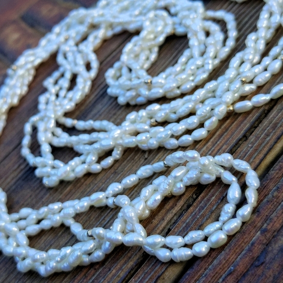 *SOLD* Vtg/antq freshwater rice pearl 3 strand wrap necklace extra long 66" - Picture 4 of 10
